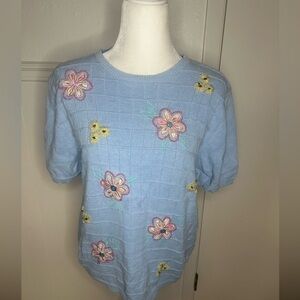 Alfred Dunner Embroidered Floral Light Blue Sweater size XL
